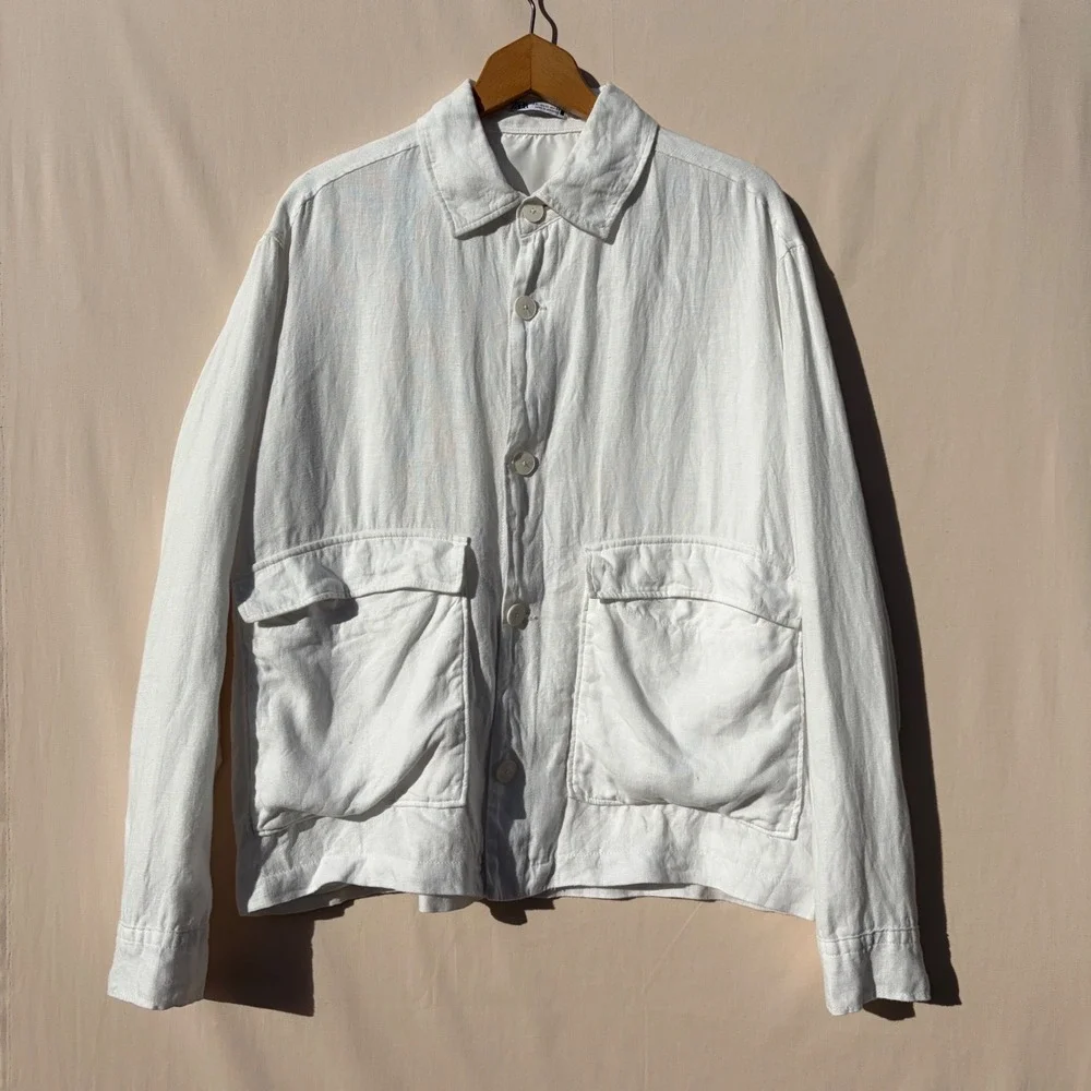 Zara‎ White 100% Linen Utility Jacket Womens XL Button Front Lined Workwear Coat